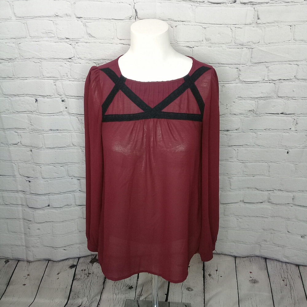 Loft Burgundy Chiffon Long Sleeve Sheer Blouse Black Ribbon Detail XSmall